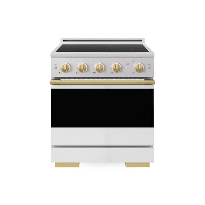 ZLINE Autograph Edition 30 in. 4.2 cu. ft. Marino Induction Range with 4 Element Cooktop and Electric Convection Oven in Satin Stainless Steel with White Matte Door and Polished Gold Accents (MINRSZ-WM-30-G) main image.