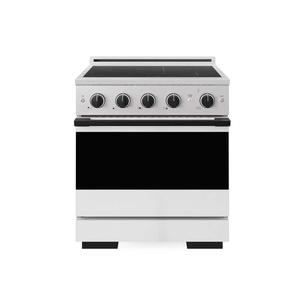 ZLINE Autograph Edition 30 in. 4.2 cu. ft. Marino Induction Range with 4 Element Cooktop and Electric Convection Oven in Satin Stainless Steel with White Matte Door and Matte Black Accents (MINRSZ-WM-30-MB) main image.