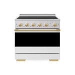 ZLINE Autograph Edition 36 in. 5.2 cu. ft. Marino Induction Range with 5 Element Cooktop and Electric Convection Oven in Satin Stainless Steel with White Matte Door and Polished Gold Accents (MINRSZ-WM-36-G) main image.