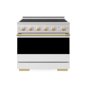 ZLINE Autograph Edition 36 in. 5.2 cu. ft. Marino Induction Range with 5 Element Cooktop and Electric Convection Oven in Satin Stainless Steel with White Matte Door and Polished Gold Accents (MINRSZ-WM-36-G) main image.