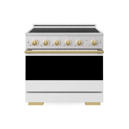 ZLINE Autograph Edition 36 in. 5.2 cu. ft. Marino Induction Range with 5 Element Cooktop and Electric Convection Oven in Satin Stainless Steel with White Matte Door and Polished Gold Accents (MINRSZ-WM-36-G) main image.