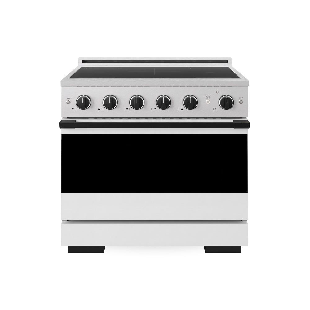 ZLINE Autograph Edition 36 in. 5.2 cu. ft. Marino Induction Range with 5 Element Cooktop and Electric Convection Oven in Satin Stainless Steel with White Matte Door and Matte Black Accents (MINRSZ-WM-36-MB) main image.