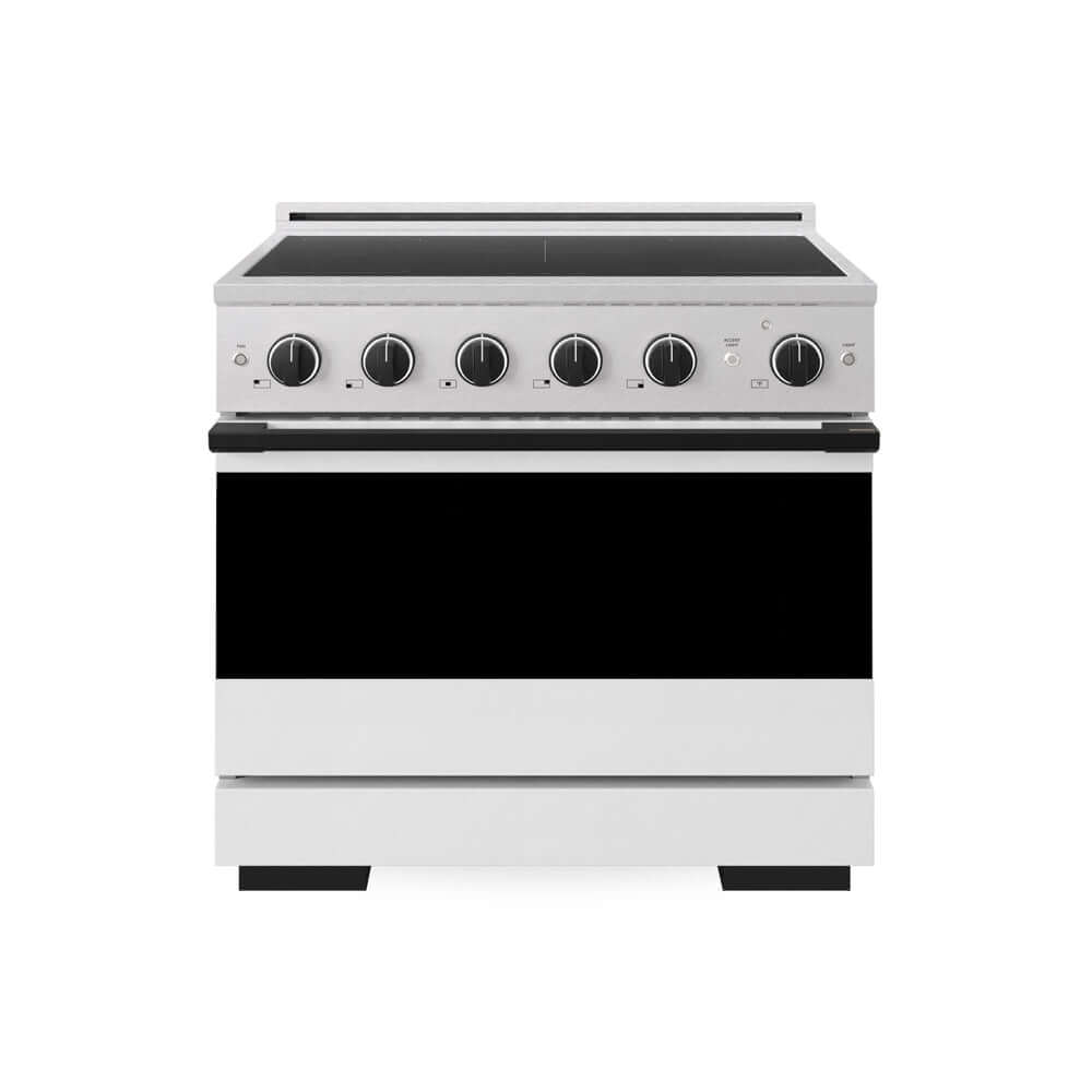 ZLINE Autograph Edition 36 in. 5.2 cu. ft. Marino Induction Range with 5 Element Cooktop and Electric Convection Oven in Satin Stainless Steel with White Matte Door and Matte Black Accents (MINRSZ-WM-36-MB) main image.