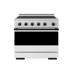 ZLINE Autograph Edition 36 in. 5.2 cu. ft. Marino Induction Range with 5 Element Cooktop and Electric Convection Oven in Satin Stainless Steel with White Matte Door and Matte Black Accents (MINRSZ-WM-36-MB) main image.