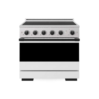 ZLINE Autograph Edition 36 in. 5.2 cu. ft. Marino Induction Range with 5 Element Cooktop and Electric Convection Oven in Satin Stainless Steel with White Matte Door and Matte Black Accents (MINRSZ-WM-36-MB) main image.