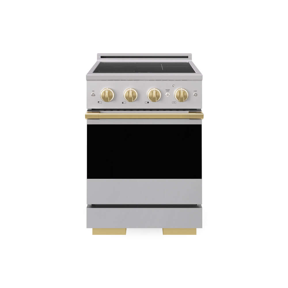 ZLINE Autograph Edition 24 in. 3.2 cu. ft. Marino Induction Range with 3 Element Cooktop and Electric Convection Oven in Stainless Steel with Polished Gold Accents (MINRZ-24-G) main image.