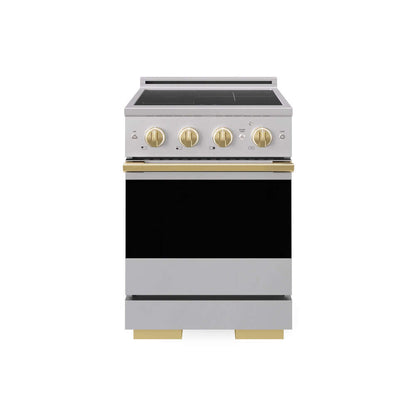 ZLINE Autograph Edition 24 in. 3.2 cu. ft. Marino Induction Range with 3 Element Cooktop and Electric Convection Oven in Stainless Steel with Polished Gold Accents (MINRZ-24-G) main image.