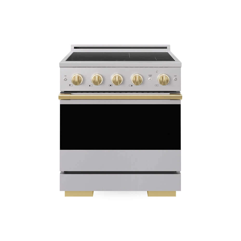 ZLINE Autograph Edition 30 in. 4.2 cu. ft. Marino Induction Range with 4 Element Cooktop and Electric Convection Oven in Stainless Steel with Polished Gold Accents (MINRZ-30-G) main image.