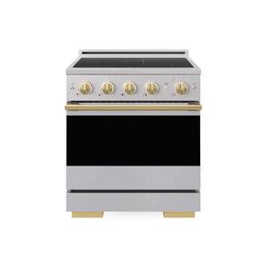ZLINE Autograph Edition 30 in. 4.2 cu. ft. Marino Induction Range with 4 Element Cooktop and Electric Convection Oven in Stainless Steel with Polished Gold Accents (MINRZ-30-G) main image.