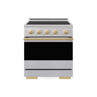 ZLINE Autograph Edition 30 in. 4.2 cu. ft. Marino Induction Range with 4 Element Cooktop and Electric Convection Oven in Stainless Steel with Polished Gold Accents (MINRZ-30-G) main image.