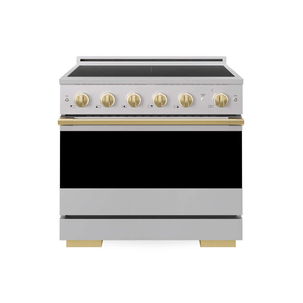 ZLINE Autograph Edition 36 in. 5.2 cu. ft. Marino Induction Range with 5 Element Cooktop and Electric Convection Oven in Stainless Steel with Polished Gold Accents (MINRZ-36-G) main image.