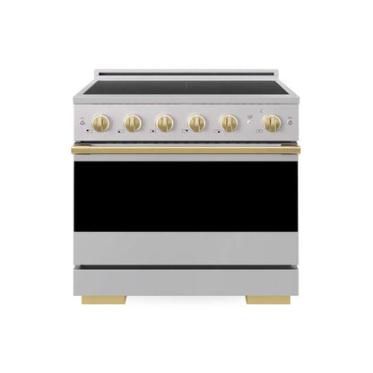 ZLINE Autograph Edition 36 in. 5.2 cu. ft. Marino Induction Range with 5 Element Cooktop and Electric Convection Oven in Stainless Steel with Polished Gold Accents (MINRZ-36-G) main image.