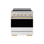 ZLINE Autograph Edition 30 in. 4.2 cu. ft. Marino Induction Range with 4 Element Cooktop and Electric Convection Oven in Stainless Steel with White Matte Door and Polished Gold Accents (MINRZ-WM-30-G) main image.