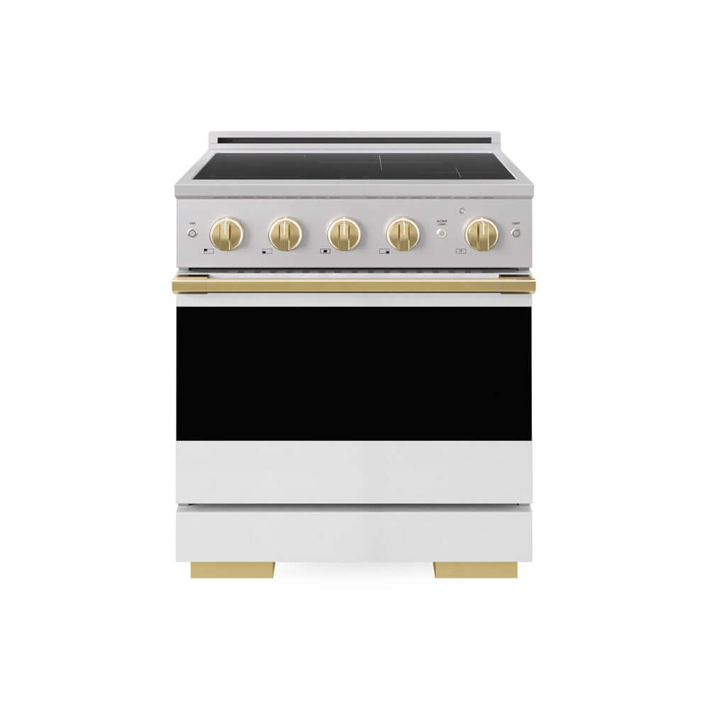 ZLINE Autograph Edition 30 in. 4.2 cu. ft. Marino Induction Range with 4 Element Cooktop and Electric Convection Oven in Stainless Steel with White Matte Door and Polished Gold Accents (MINRZ-WM-30-G) main image.