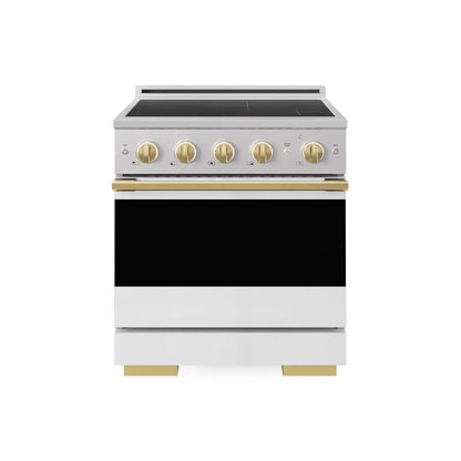ZLINE Autograph Edition 30 in. 4.2 cu. ft. Marino Induction Range with 4 Element Cooktop and Electric Convection Oven in Stainless Steel with White Matte Door and Polished Gold Accents (MINRZ-WM-30-G) main image.