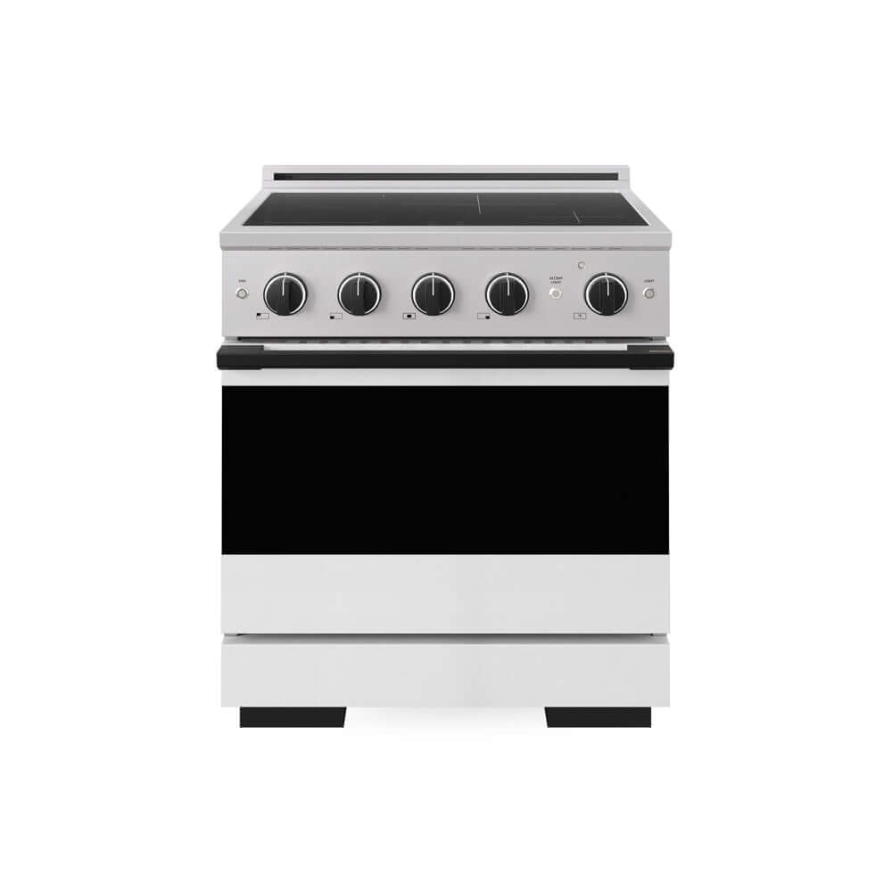 ZLINE Autograph Edition 30 in. 4.2 cu. ft. Marino Induction Range with 4 Element Cooktop and Electric Convection Oven in Stainless Steel with White Matte Door and Matte Black Accents (MINRZ-WM-30-MB) main image.