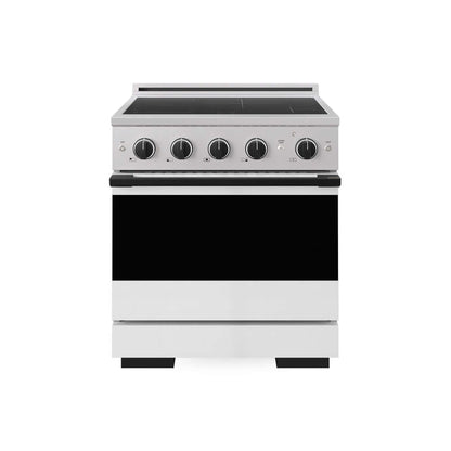 ZLINE Autograph Edition 30 in. 4.2 cu. ft. Marino Induction Range with 4 Element Cooktop and Electric Convection Oven in Stainless Steel with White Matte Door and Matte Black Accents (MINRZ-WM-30-MB) main image.