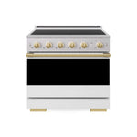 ZLINE Autograph Edition 36 in. 5.2 cu. ft. Marino Induction Range with 5 Element Cooktop and Electric Convection Oven in Stainless Steel with White Matte Door and Polished Gold Accents (MINRZ-WM-36-G) main image.