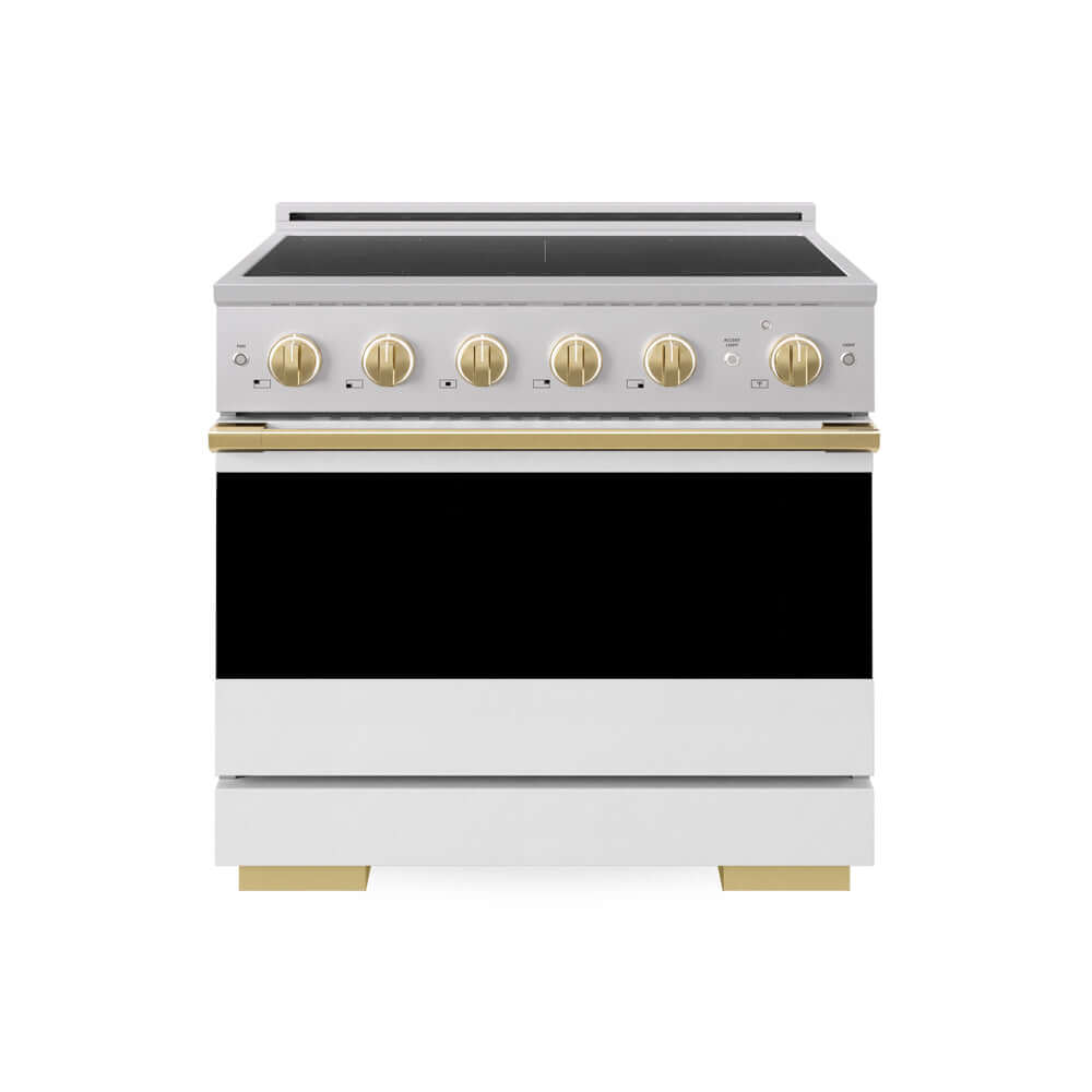 ZLINE Autograph Edition 36 in. 5.2 cu. ft. Marino Induction Range with 5 Element Cooktop and Electric Convection Oven in Stainless Steel with White Matte Door and Polished Gold Accents (MINRZ-WM-36-G) main image.