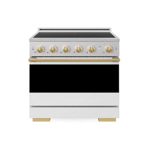 ZLINE Autograph Edition 36 in. 5.2 cu. ft. Marino Induction Range with 5 Element Cooktop and Electric Convection Oven in Stainless Steel with White Matte Door and Polished Gold Accents (MINRZ-WM-36-G) main image.