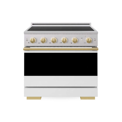 ZLINE Autograph Edition 36 in. 5.2 cu. ft. Marino Induction Range with 5 Element Cooktop and Electric Convection Oven in Stainless Steel with White Matte Door and Polished Gold Accents (MINRZ-WM-36-G) main image.