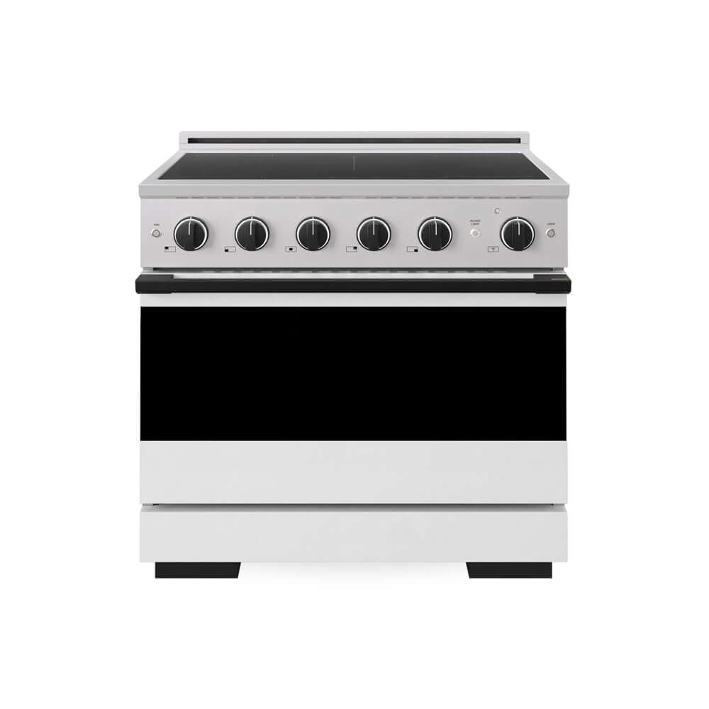 ZLINE Autograph Edition 36 in. 5.2 cu. ft. Marino Induction Range with 5 Element Cooktop and Electric Convection Oven in Stainless Steel with White Matte Door and Matte Black Accents (MINRZ-WM-36-MB) main image.