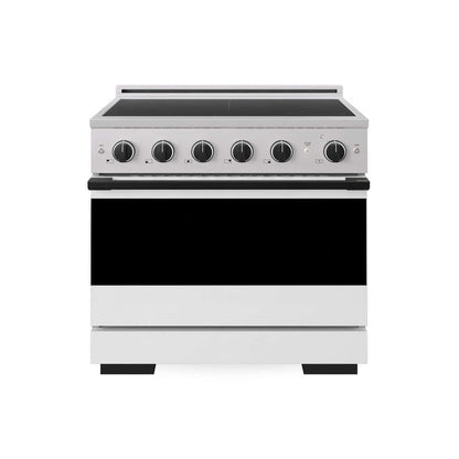 ZLINE Autograph Edition 36 in. 5.2 cu. ft. Marino Induction Range with 5 Element Cooktop and Electric Convection Oven in Stainless Steel with White Matte Door and Matte Black Accents (MINRZ-WM-36-MB) main image.