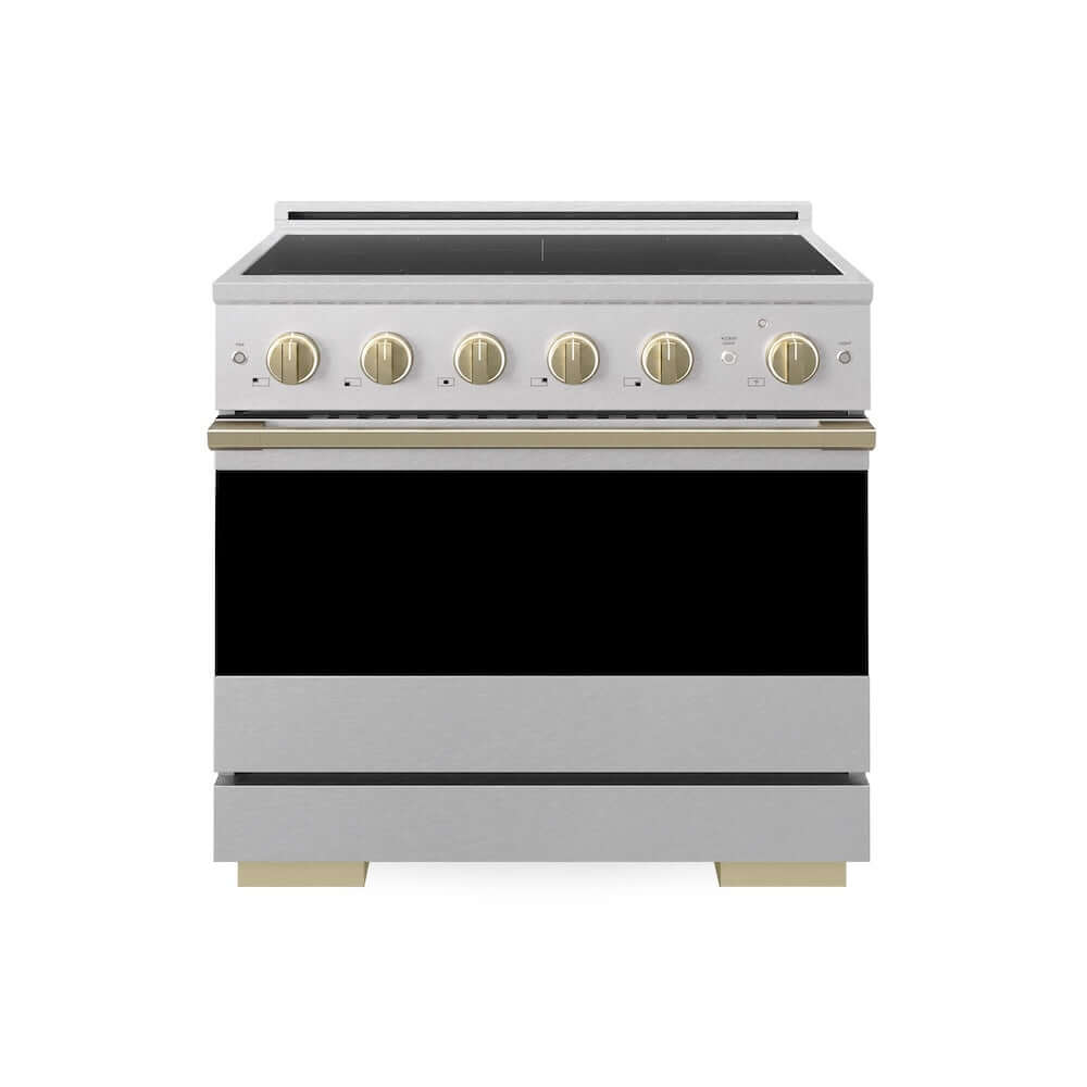 ZLINE Autograph Edition 36 in. 5.2 cu. ft. Marino Induction Range with 5 Element Cooktop and Electric Convection Oven in Satin Stainless Steel with Champagne Bronze Accents (MINRSZ-36-CB)
