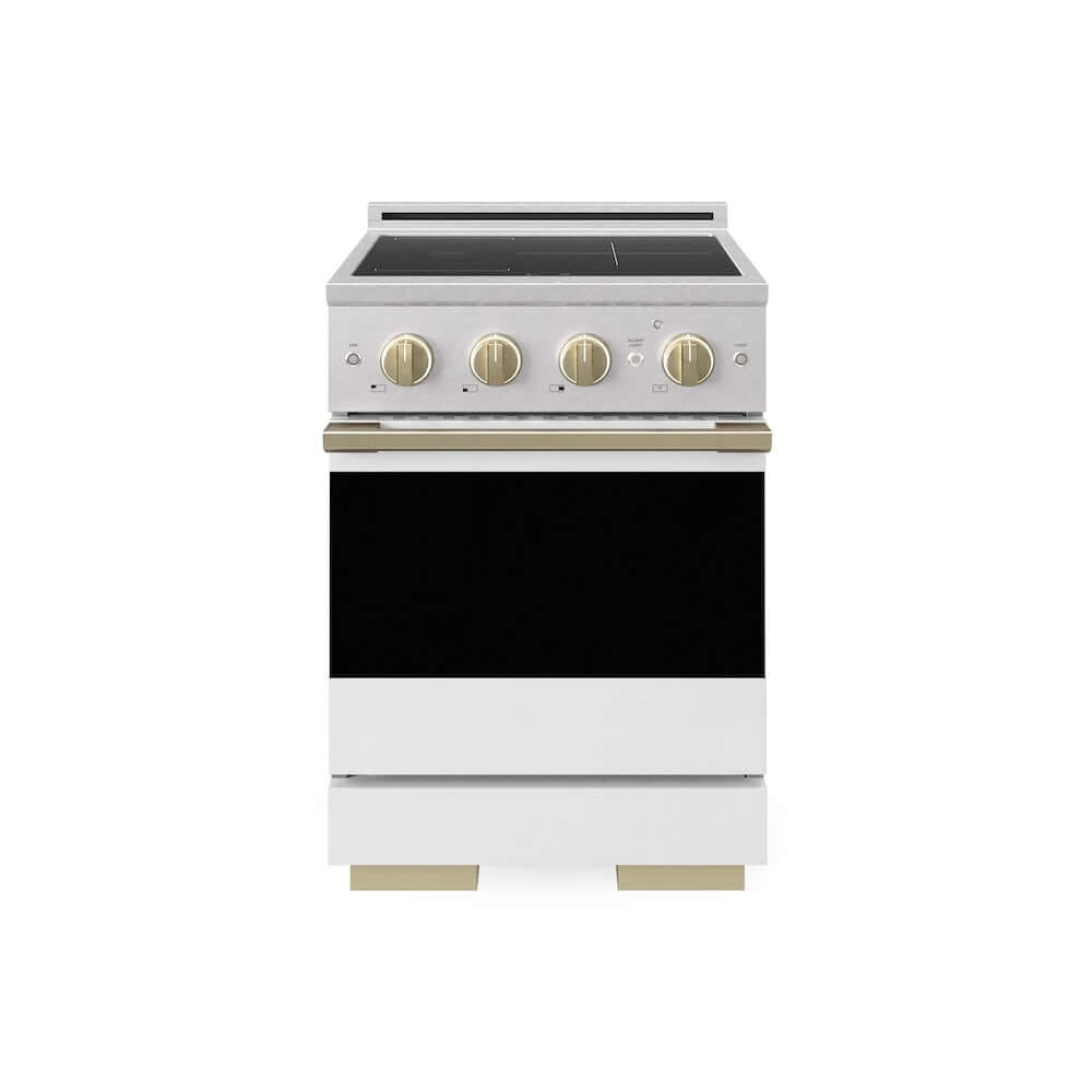 ZLINE Autograph Edition 24 in. 3.2 cu. ft. Marino Induction Range with 3 Element Cooktop and Electric Convection Oven in Satin Stainless Steel with White Matte Door and Champagne Bronze Accents (MINRSZ-WM-24-CB)