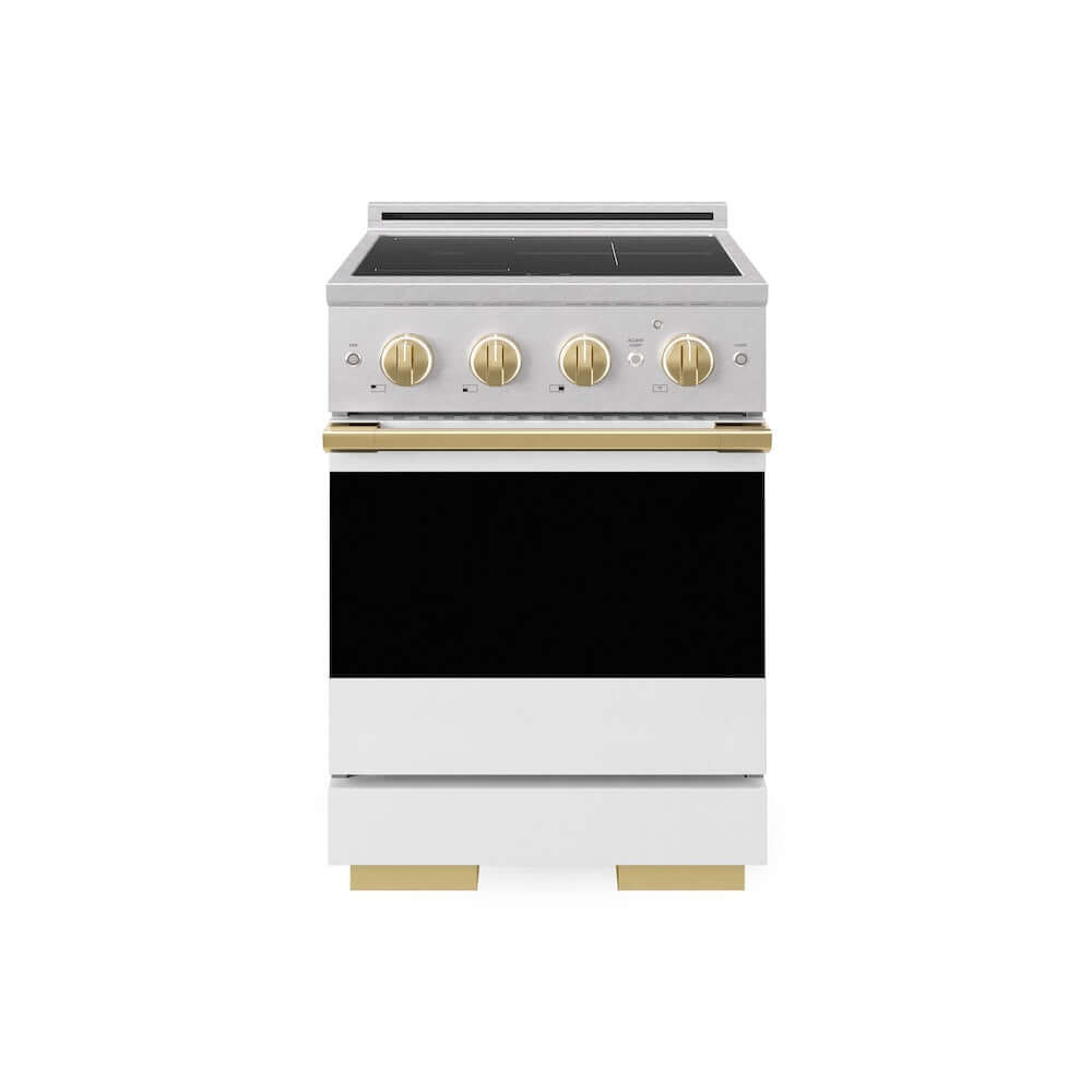 ZLINE Autograph Edition 24 in. 3.2 cu. ft. Marino Induction Range with 3 Element Cooktop and Electric Convection Oven in Satin Stainless Steel with White Matte Door and Polished Gold Accents (MINRSZ-WM-24-G)
