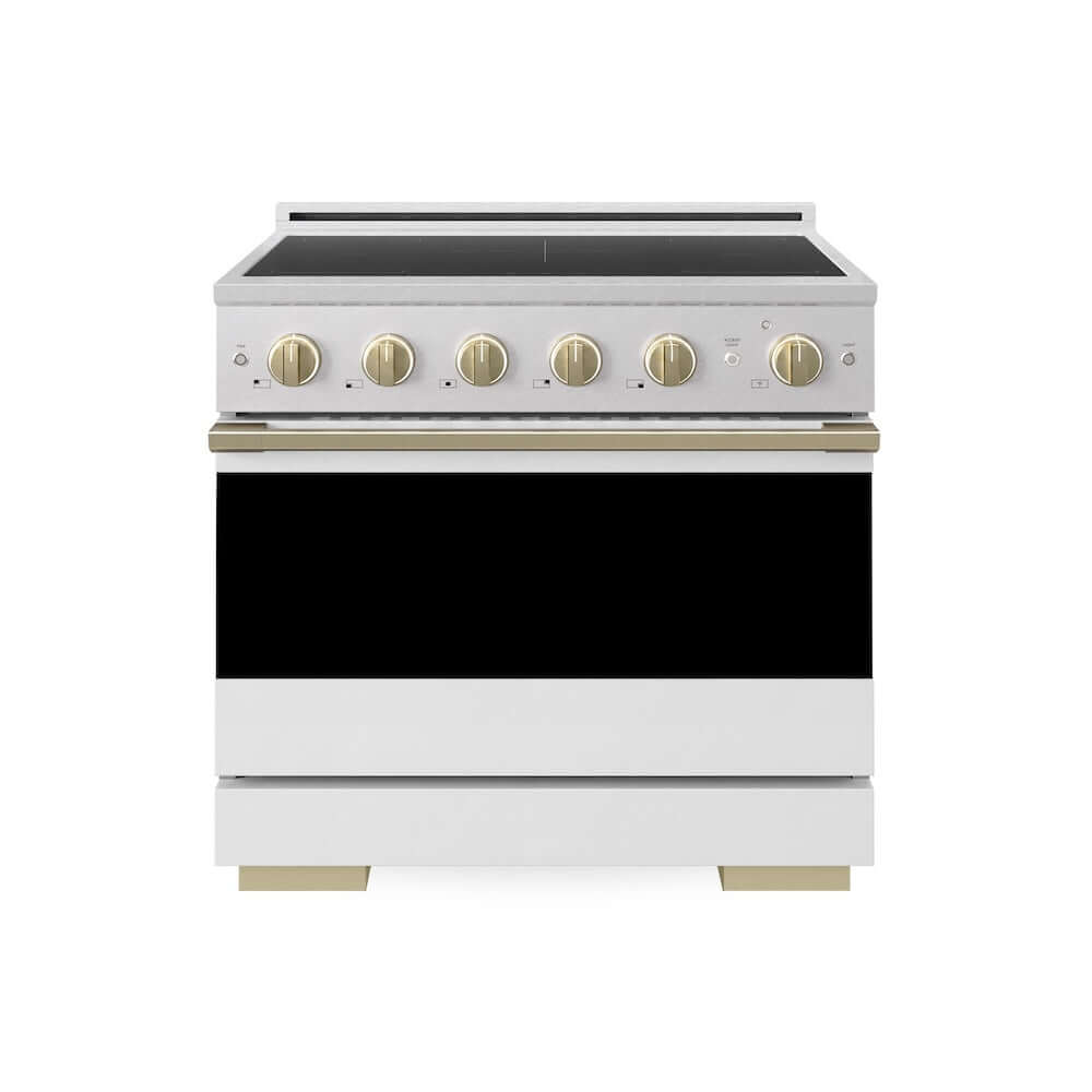 ZLINE Autograph Edition 36 in. 5.2 cu. ft. Marino Induction Range with 5 Element Cooktop and Electric Convection Oven in Satin Stainless Steel with White Matte Door and Champagne Bronze Accents (MINRSZ-WM-36-CB)