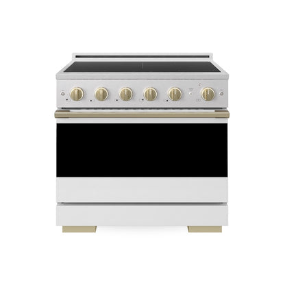 ZLINE Autograph Edition 36 in. 5.2 cu. ft. Marino Induction Range with 5 Element Cooktop and Electric Convection Oven in Satin Stainless Steel with White Matte Door and Champagne Bronze Accents (MINRSZ-WM-36-CB)