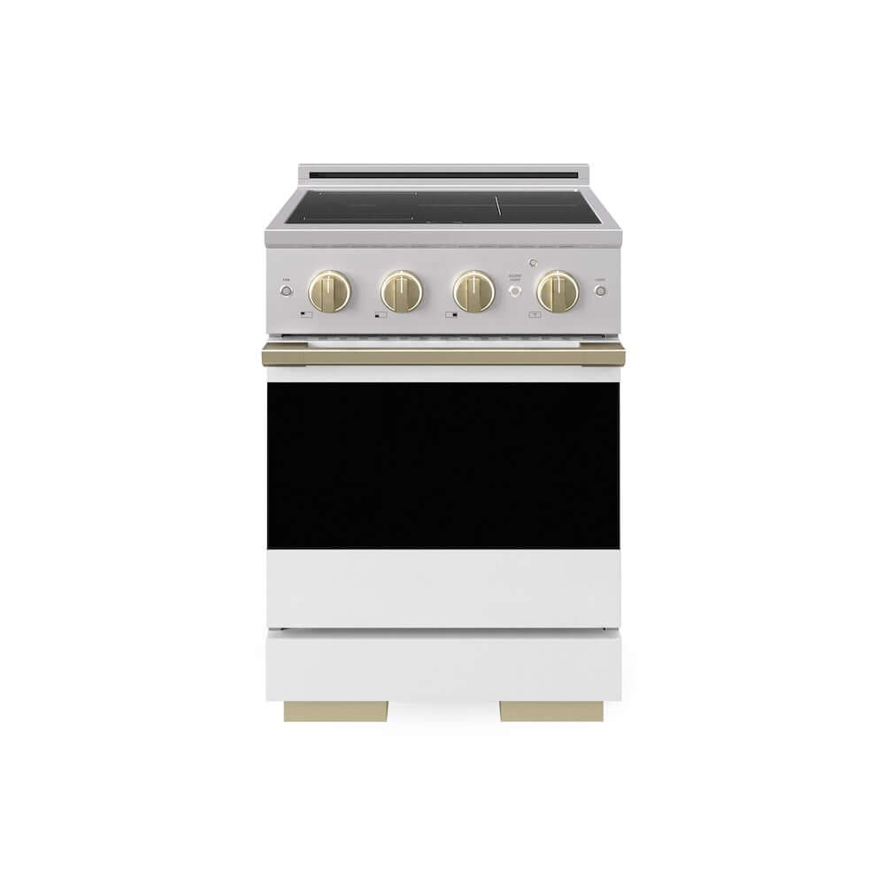 ZLINE Autograph Edition 24 in. 3.2 cu. ft. Marino Induction Range with 3 Element Cooktop and Electric Convection Oven in Stainless Steel with White Matte Door and Champagne Bronze Accents (MINRZ-WM-24-CB)