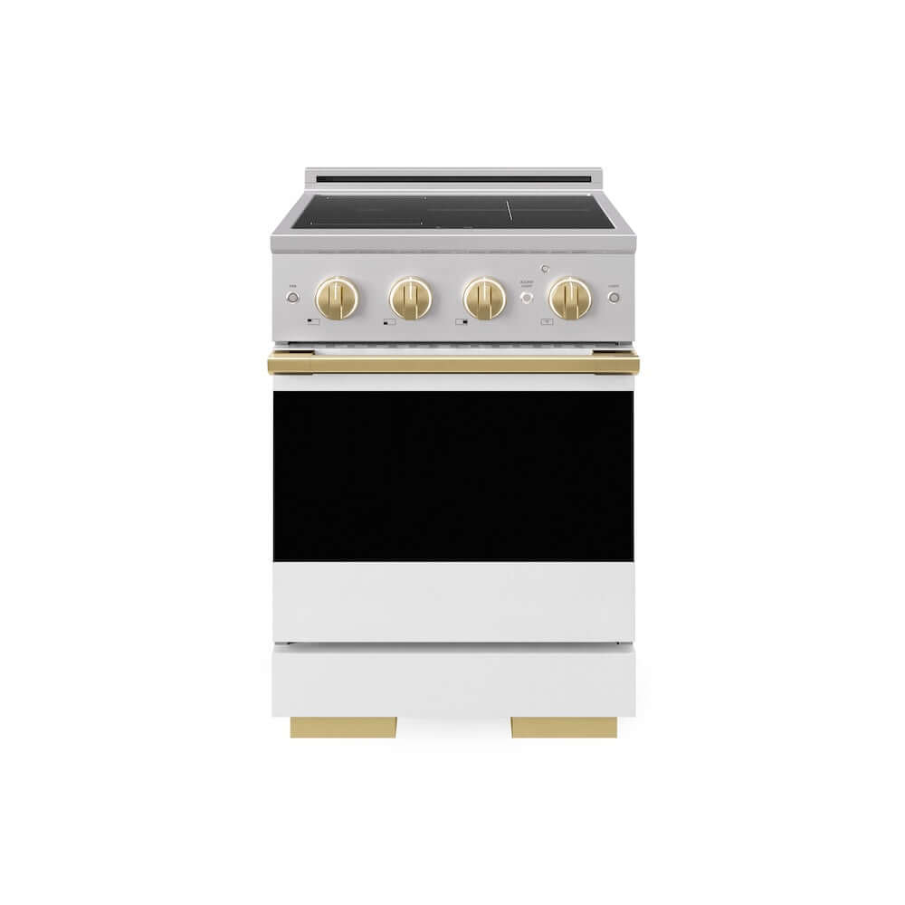 ZLINE Autograph Edition 24 in. 3.2 cu. ft. Marino Induction Range with 3 Element Cooktop and Electric Convection Oven in Stainless Steel with White Matte Door and Polished Gold Accents (MINRZ-WM-24-G)