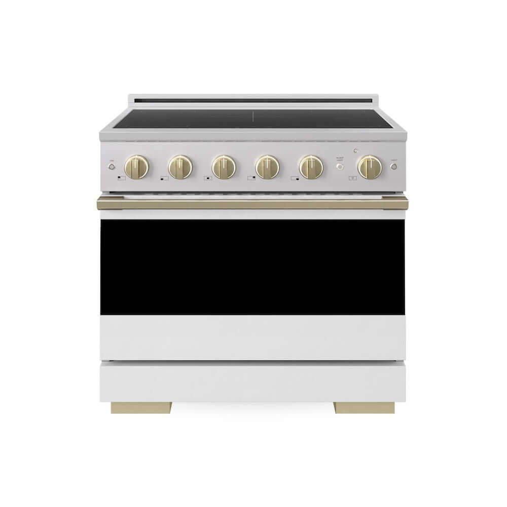 ZLINE Autograph Edition 36 in. 5.2 cu. ft. Marino Induction Range with 5 Element Cooktop and Electric Convection Oven in Stainless Steel with White Matte Door and Champagne Bronze Accents (MINRZ-WM-36-CB)