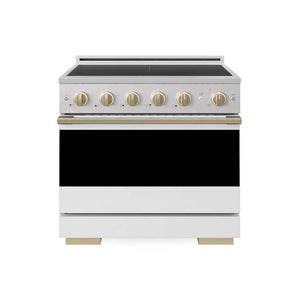 ZLINE Autograph Edition 36 in. 5.2 cu. ft. Marino Induction Range with 5 Element Cooktop and Electric Convection Oven in Stainless Steel with White Matte Door and Champagne Bronze Accents (MINRZ-WM-36-CB)