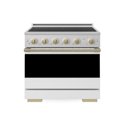 ZLINE Autograph Edition 36 in. 5.2 cu. ft. Marino Induction Range with 5 Element Cooktop and Electric Convection Oven in Stainless Steel with White Matte Door and Champagne Bronze Accents (MINRZ-WM-36-CB)
