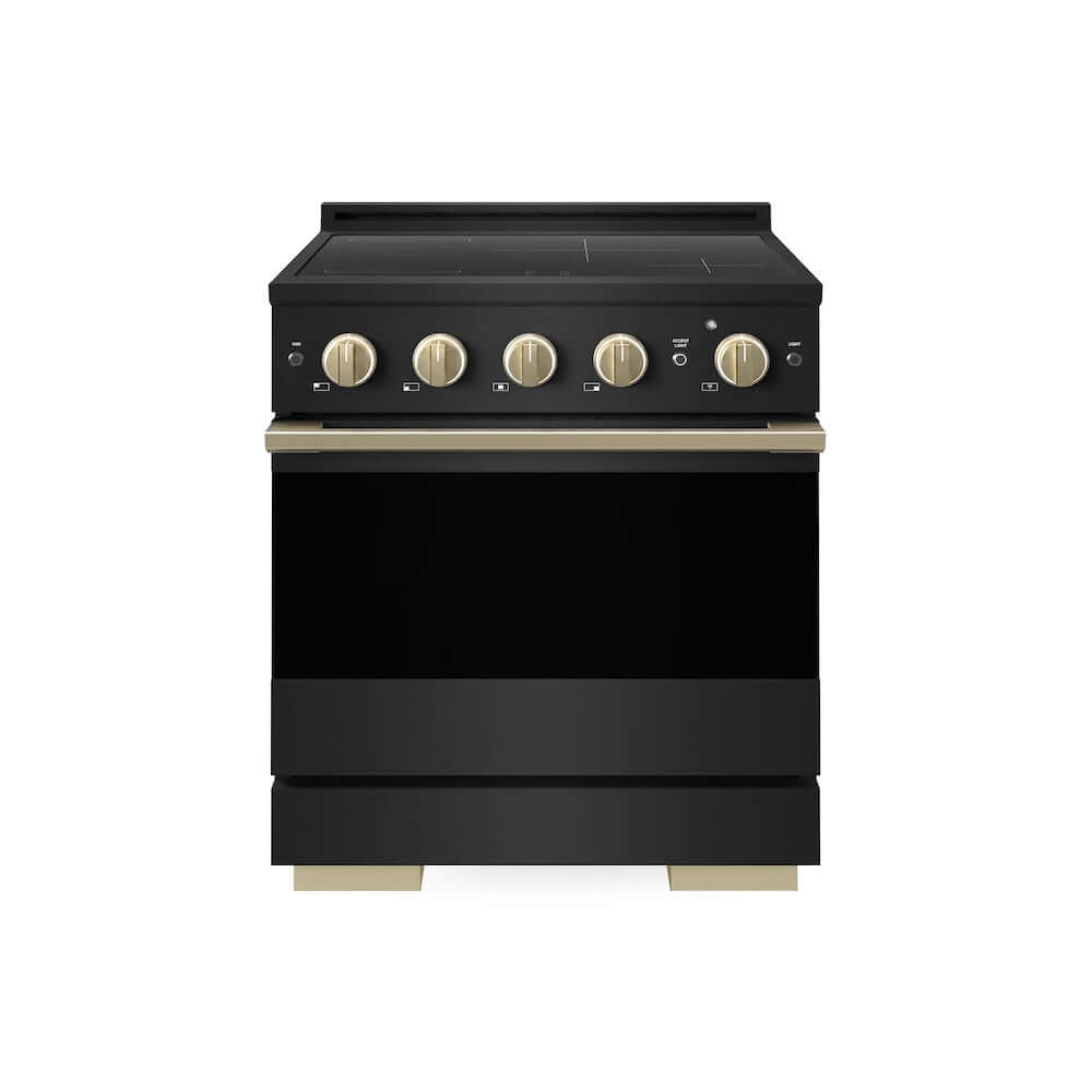 ZLINE Autograph Edition 30 in. 4.2 cu. ft. Marino Induction Range with 4 Element Cooktop and Electric Convection Oven in Black Stainless Steel with Champagne Bronze Accents (MINRBZ-30-CB)