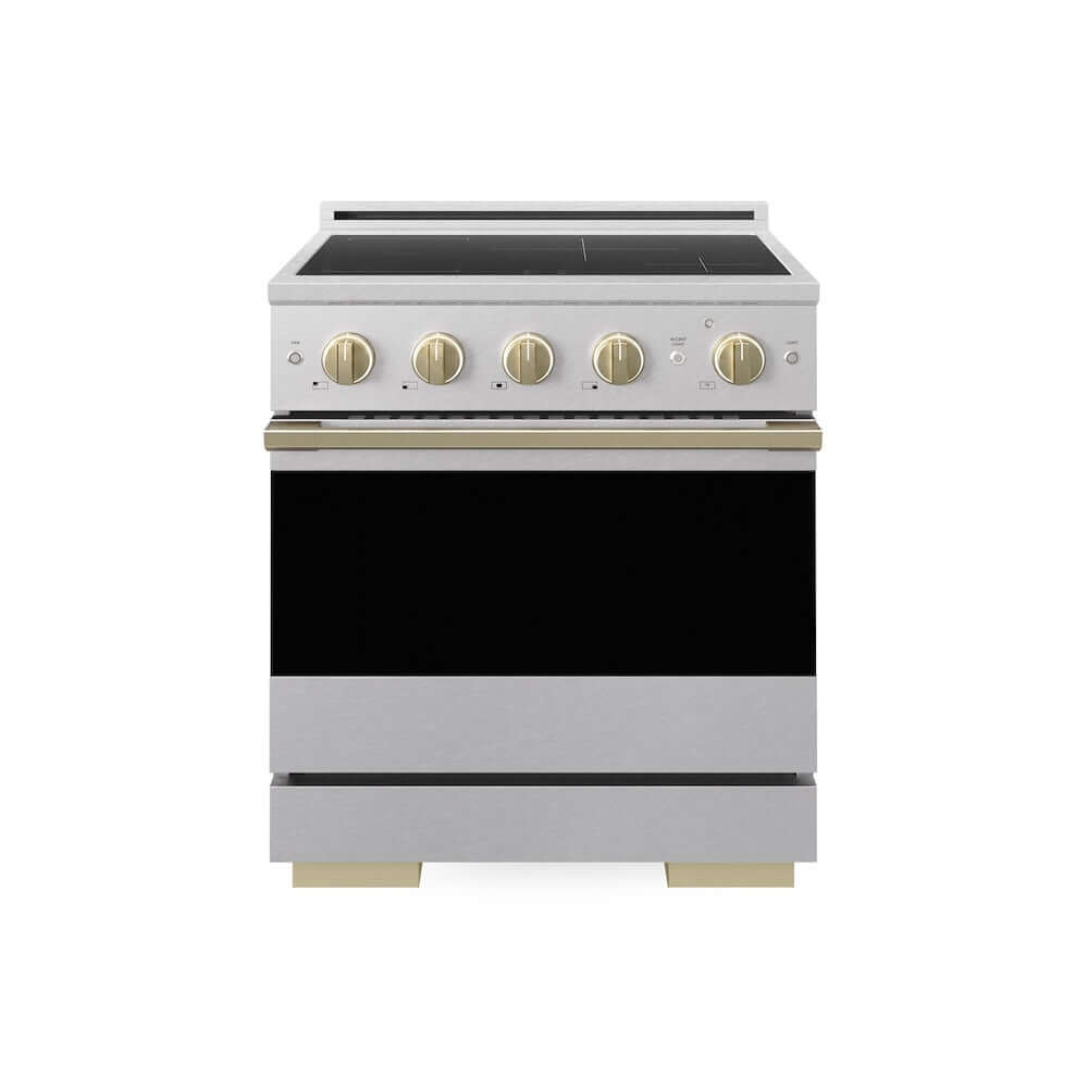 ZLINE Autograph Edition 30 in. 4.2 cu. ft. Marino Induction Range with 4 Element Cooktop and Electric Convection Oven in Satin Stainless Steel with Champagne Bronze Accents (MINRSZ-30-CB)