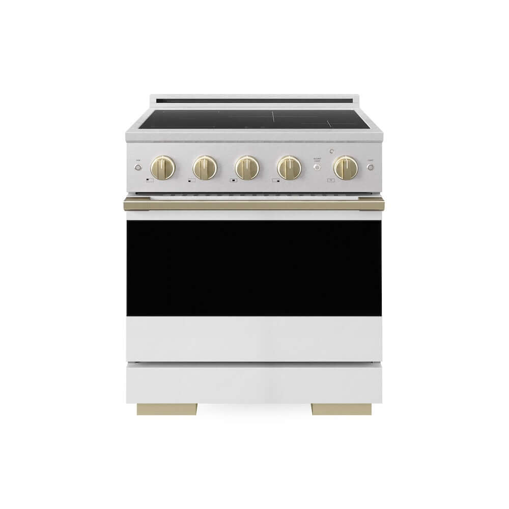 ZLINE Autograph Edition 30 in. 4.2 cu. ft. Marino Induction Range with 4 Element Cooktop and Electric Convection Oven in Satin Stainless Steel with White Matte Door and Champagne Bronze Accents (MINRSZ-WM-30-CB)