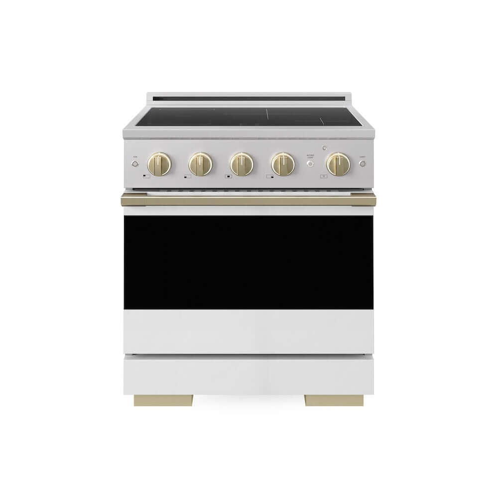 ZLINE Autograph Edition 30 in. 4.2 cu. ft. Marino Induction Range with 4 Element Cooktop and Electric Convection Oven in Stainless Steel with White Matte Door and Champagne Bronze Accents (MINRZ-WM-30-CB)
