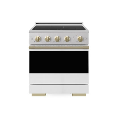 ZLINE Autograph Edition 30 in. 4.2 cu. ft. Marino Induction Range with 4 Element Cooktop and Electric Convection Oven in Stainless Steel with White Matte Door and Champagne Bronze Accents (MINRZ-WM-30-CB)
