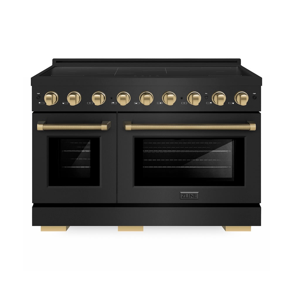 ZLINE Autograph Edition 48 in. 6.7 cu. ft. Paramount Induction Range with 7 Element Cooktop and Dual Ovens in Black Stainless Steel with Champagne Bronze Helix Handles and Knob Accents (SINRBZ-48-KCB)