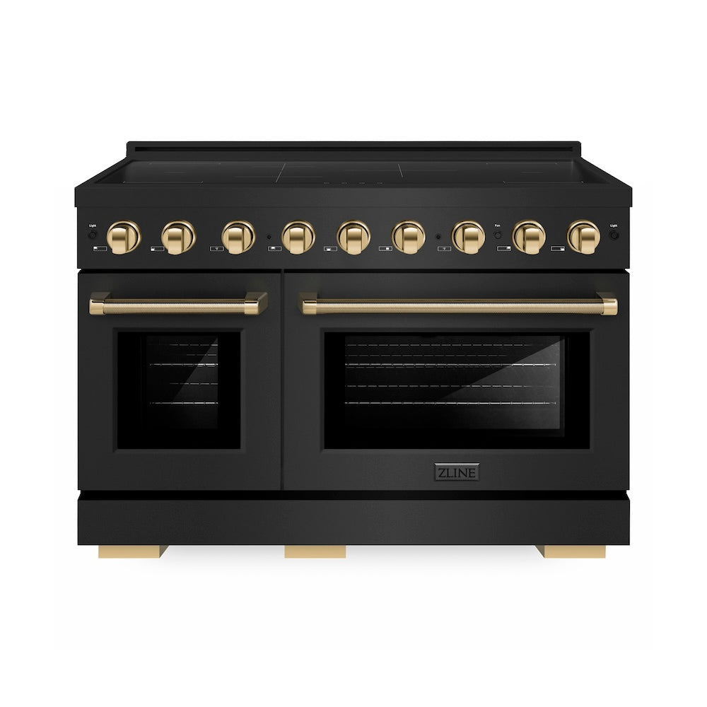 ZLINE Autograph Edition 48 in. 6.7 cu. ft. Paramount Induction Range with 7 Element Cooktop and Dual Ovens in Black Stainless Steel with Polished Gold Helix Handles and Knob Accents (SINRBZ-48-KG)