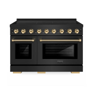 ZLINE Autograph Edition 48 in. 6.7 cu. ft. Paramount Induction Range with 7 Element Cooktop and Dual Ovens in Black Stainless Steel with Polished Gold Helix Handles and Knob Accents (SINRBZ-48-KG)