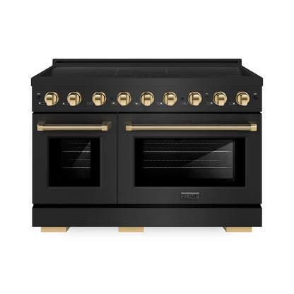 ZLINE Autograph Edition 48 in. 6.7 cu. ft. Paramount Induction Range with 7 Element Cooktop and Dual Ovens in Black Stainless Steel with Polished Gold Helix Handles and Knob Accents (SINRBZ-48-KG)