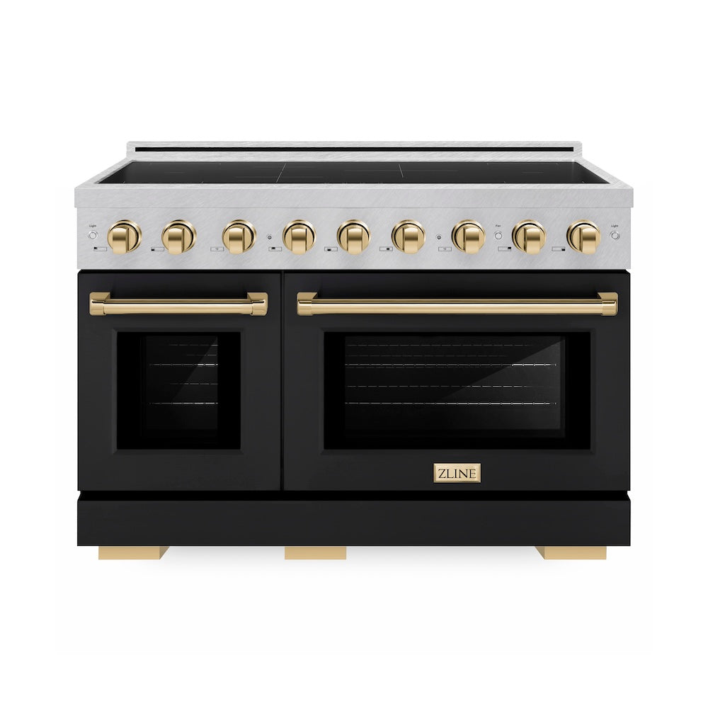 ZLINE Autograph Edition 48 in. 6.7 cu. ft. Paramount Induction Range with 7 Element Cooktop and Dual Ovens in Satin Stainless Steel with Black Matte Doors and Polished Gold Accents (SINRSZ-BLM48-G)