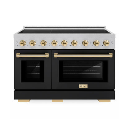 ZLINE Autograph Edition 48 in. 6.7 cu. ft. Paramount Induction Range with 7 Element Cooktop and Dual Ovens in Satin Stainless Steel with Black Matte Doors and Polished Gold Accents (SINRSZ-BLM48-G)