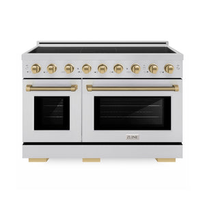 ZLINE Autograph Edition 48 in. 6.7 cu. ft. Paramount Induction Range with 7 Element Cooktop and Dual Ovens in Stainless Steel with Champagne Bronze Helix Handles and Knob Accents (SINRZ-48-KCB)