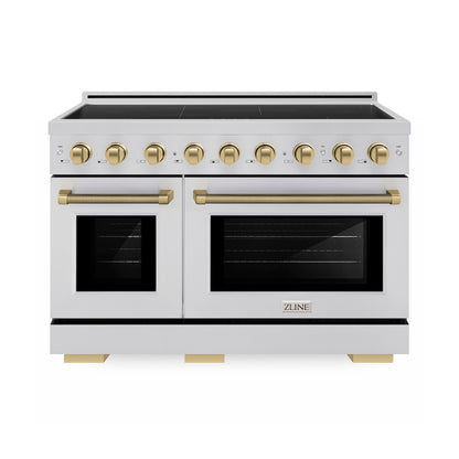 ZLINE Autograph Edition 48 in. 6.7 cu. ft. Paramount Induction Range with 7 Element Cooktop and Dual Ovens in Stainless Steel with Champagne Bronze Helix Handles and Knob Accents (SINRZ-48-KCB)